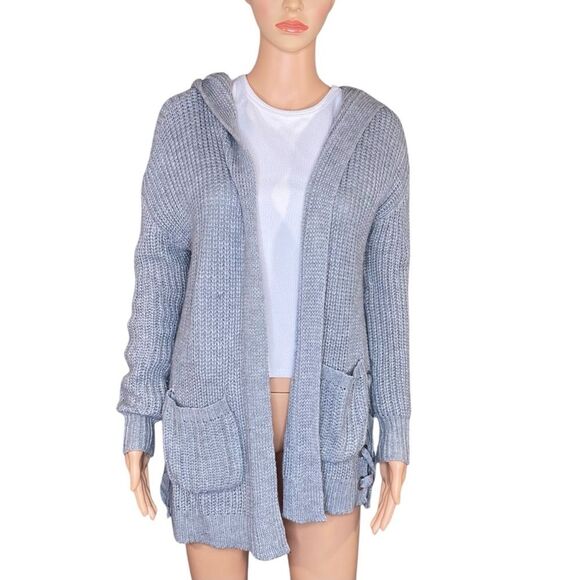 No Boundaries Gray Chunky Knit Cardigan juniors Size 7 - 9 Open Front Pockets - Picture 1 of 6